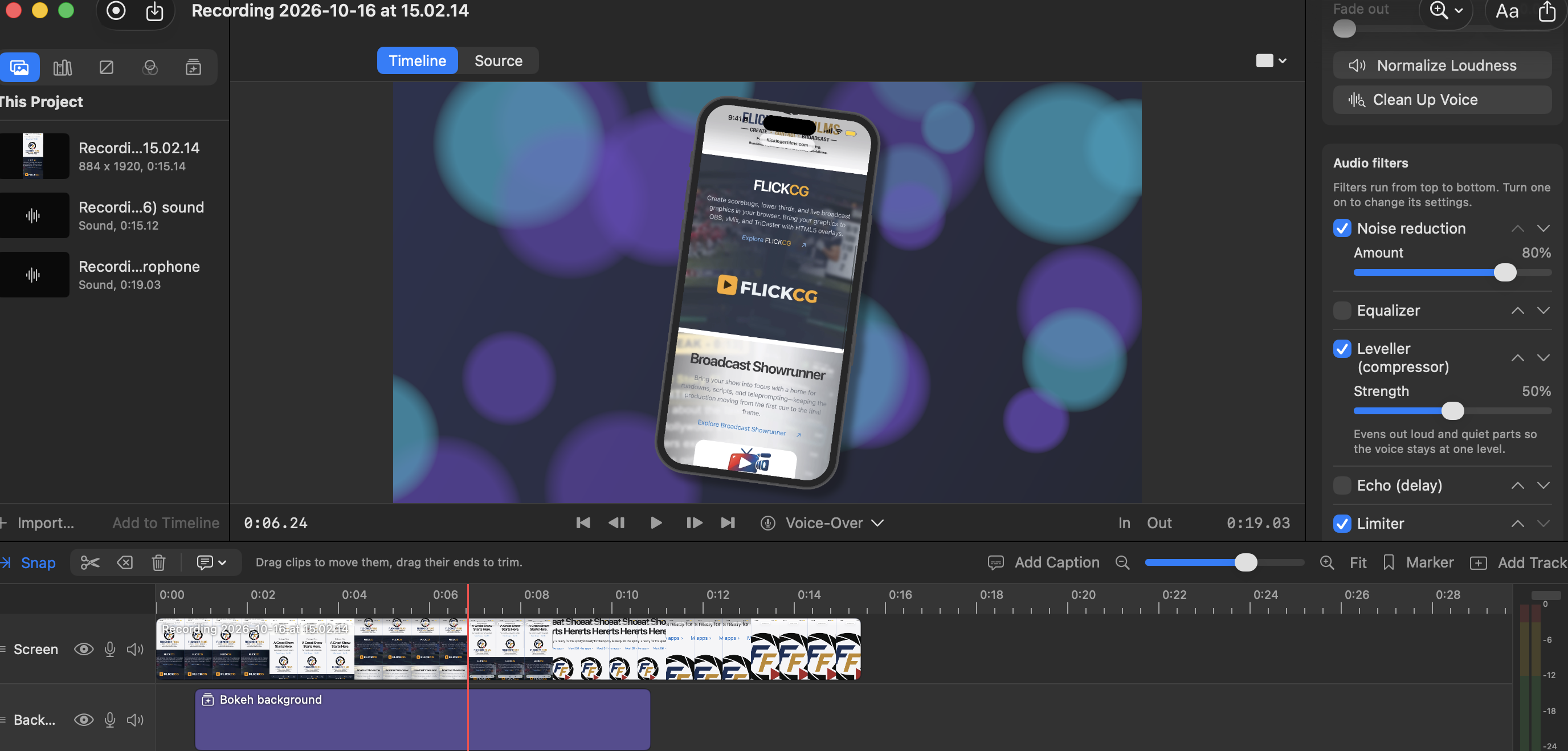 App preview showing audio filters and a composed video scene